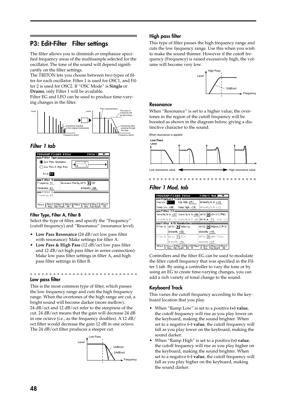 P3: edit-filter filter settings, Filter 1 tab, Low pass filter | High pass filter, Resonance, Filter 1 mod. tab, Keyboard track, P3: edit-filter, Filter settings | KORG Speaker System User Manual | Page 52 / 144