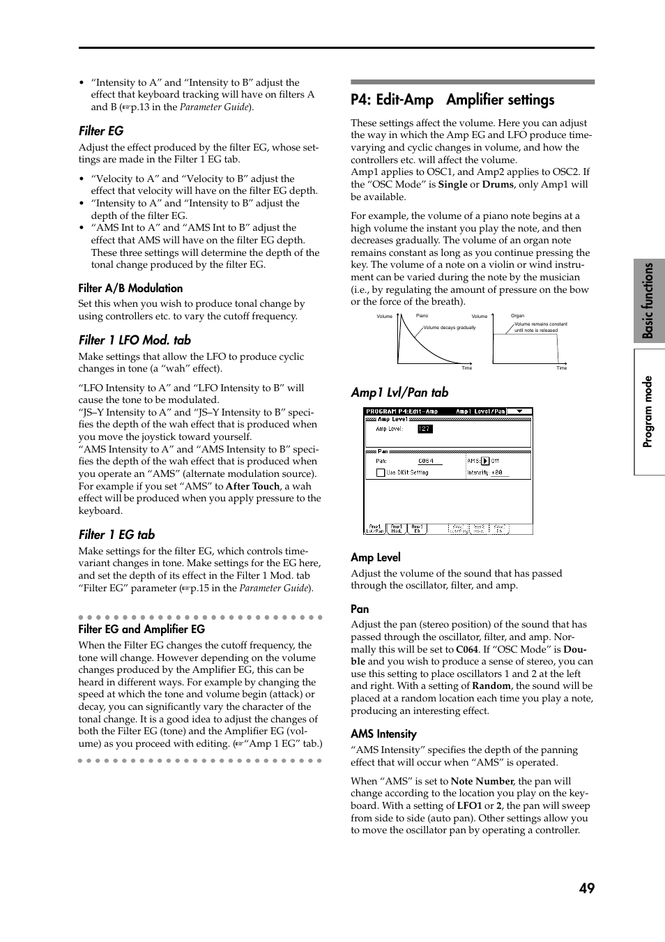 Filter eg, Filter a/b modulation, Filter 1 lfo mod. tab | Filter 1 eg tab, Filter eg and amplifier eg, P4: edit-amp amplifier settings, Amp1 lvl/pan tab, Amp level, Ams intensity, P4: edit-amp | KORG Speaker System User Manual | Page 53 / 144