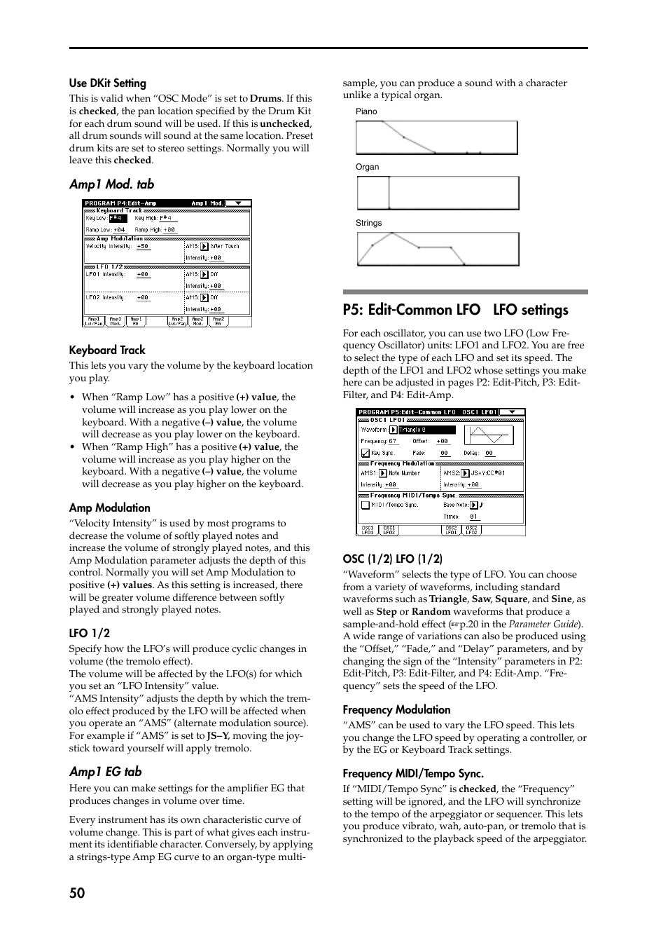 Use dkit setting, Amp1 mod. tab, Keyboard track | Amp modulation, Lfo 1/2, Amp1 eg tab, P5: edit-common lfo lfo settings, Osc (1/2) lfo (1/2), Frequency modulation, Frequency midi/tempo sync | KORG Speaker System User Manual | Page 54 / 144