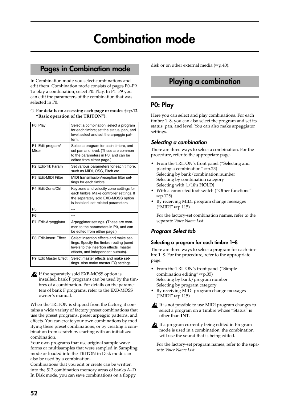 Combination mode, P0: play, Selecting a combination | Program select tab, Selecting a program for each timbre 1–8, Pages in combination mode playing a combination | KORG Speaker System User Manual | Page 56 / 144