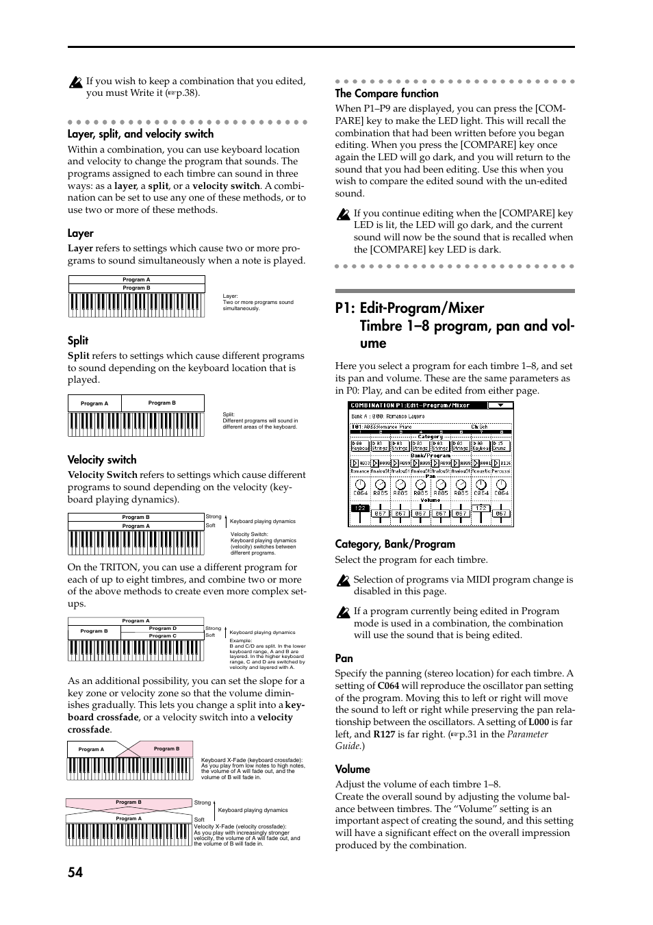 Layer, split, and velocity switch, Layer, Split | Velocity switch, The compare function, P1: edit-program/mixer timbre 1–8 program, pan and, Category, bank/program, Volume, P1: edit-program/mixer, Timbre 1–8 program, pan and volume | KORG Speaker System User Manual | Page 58 / 144