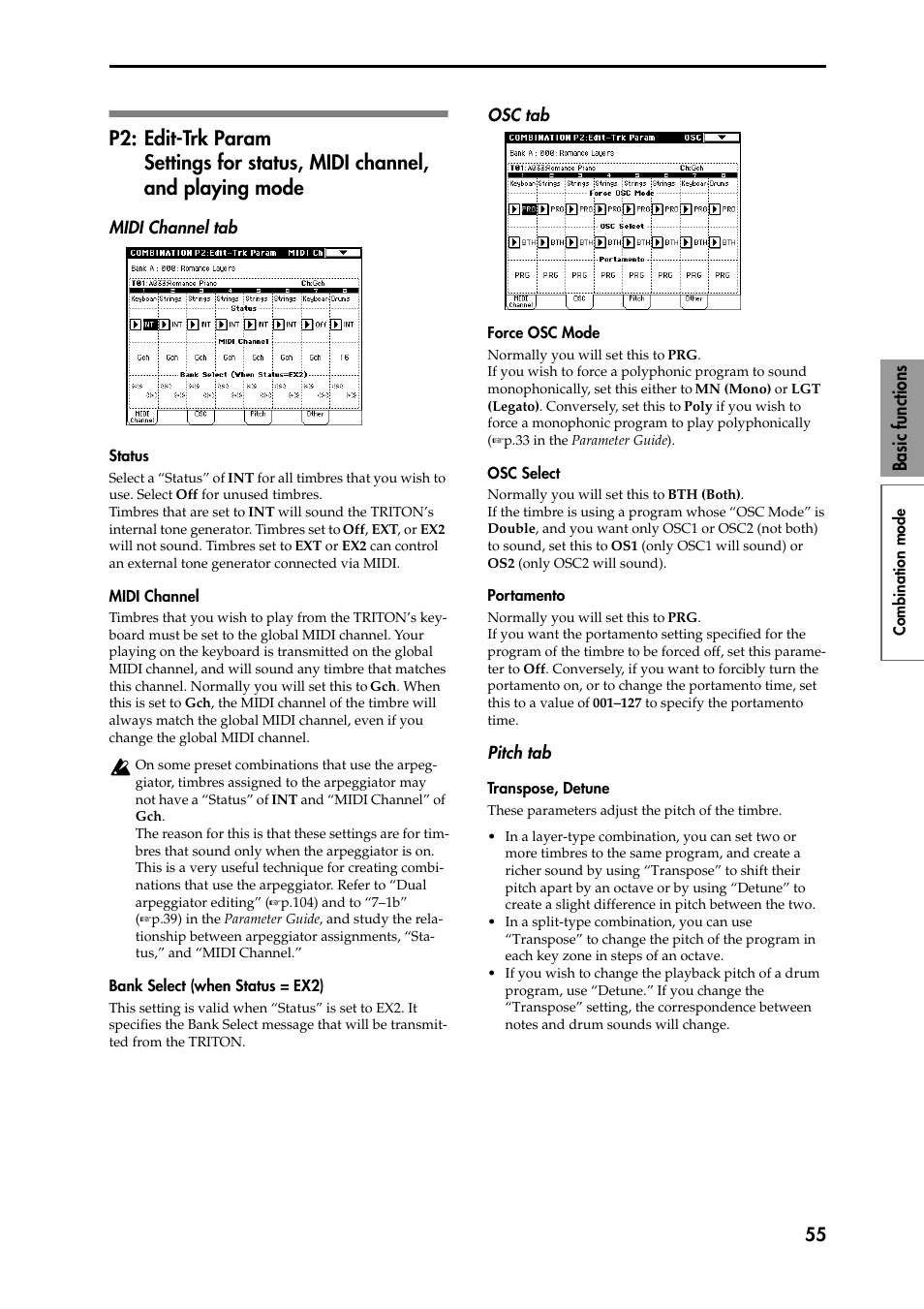 P2: edit-trk param settings for status, midi chann, Midi channel tab, Status | Midi channel, Bank select (when status = ex2), Osc tab, Force osc mode, Osc select, Portamento, Pitch tab | KORG Speaker System User Manual | Page 59 / 144