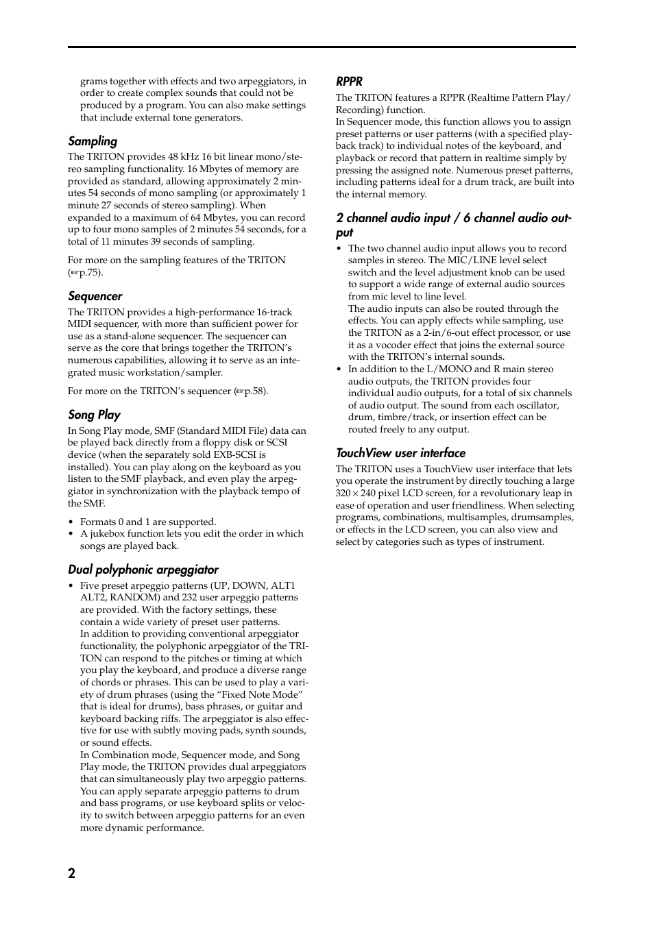 Sampling, Sequencer, Song play | Dual polyphonic arpeggiator, Rppr, 2 channel audio input / 6 channel audio output, Touchview user interface | KORG Speaker System User Manual | Page 6 / 144