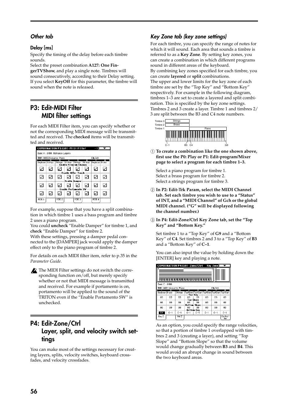 Other tab, Delay [ms, P3: edit-midi filter midi filter settings | P4: edit-zone/ctrl layer, split, and velocity swit, Key zone tab (key zone settings), 1 to create a combination like the one shown above, 2 in p2: edit-trk param, select the midi channel 2, 3 in p4: edit-zone/ctrl key zone tab, set the “top, P3: edit-midi filter, Midi filter settings | KORG Speaker System User Manual | Page 60 / 144