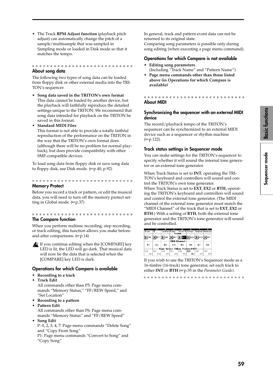 About song data, Memory protect, The compare function | Operations for which compare is available, Operations for which compare is not available, About midi, Synchronizing the sequencer with an external midi, Track status settings in sequencer mode, 59 basic functions | KORG Speaker System User Manual | Page 63 / 144