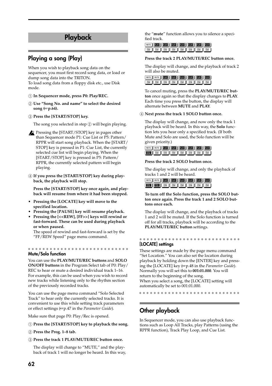 Playing a song (play), 1 in sequencer mode, press p0: play/rec, 2 use “song no. and name” to select the desired 2 | 3 press the [start/stop] key, 4 if you press the [start/stop] key during play4 b, Mute/solo function, 1 press the [start/stop] key to playback the song, 2 press the prog. 1–8 tab, 3 press the track 1 play/mute/rec button once, 4 next press the track 1 solo button once | KORG Speaker System User Manual | Page 66 / 144