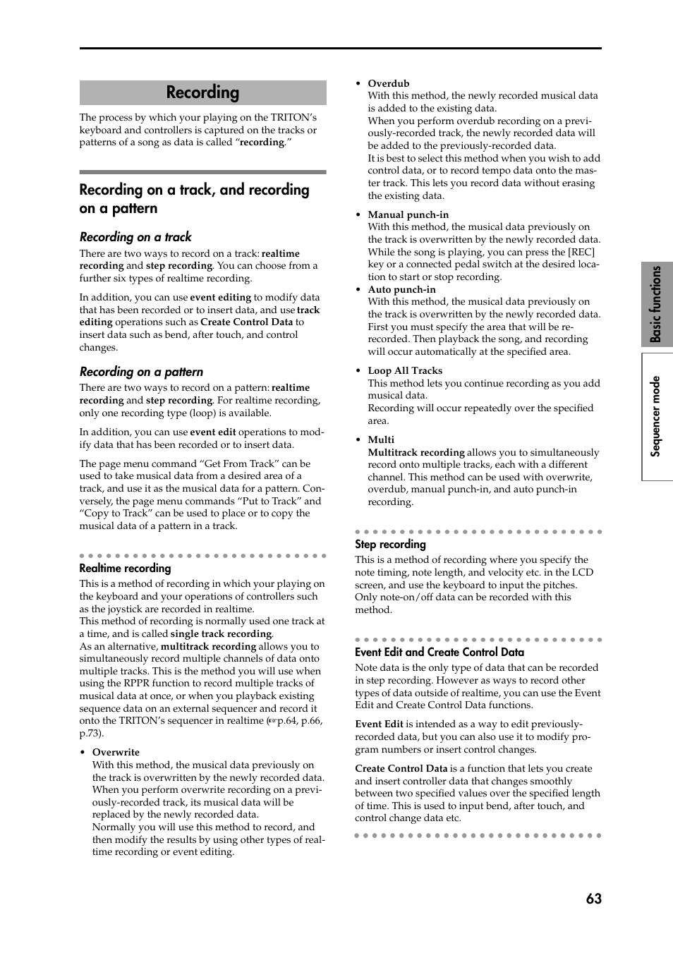 Recording on a track, and recording on a pattern, Recording on a track, Recording on a pattern | Realtime recording, Step recording, Event edit and create control data, Recording, Recording on a track, and recording on a, Pattern, 63 basic functions | KORG Speaker System User Manual | Page 67 / 144