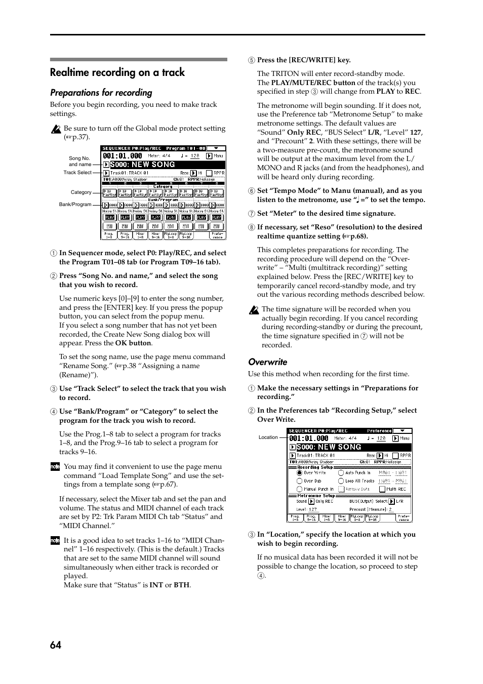 Realtime recording on a track, Preparations for recording, 1 in sequencer mode, select p0: play/rec, and sele | 2 press “song no. and name,” and select the song 2, 3 use “track select” to select the track that you, 4 use “bank/program” or “category” to select the 4, 5 press the [rec/write] key, 6 set “tempo mode” to manu (manual), and as you 6, 7 set “meter” to the desired time signature, 8 if necessary, set “reso” (resolution) to the des | KORG Speaker System User Manual | Page 68 / 144