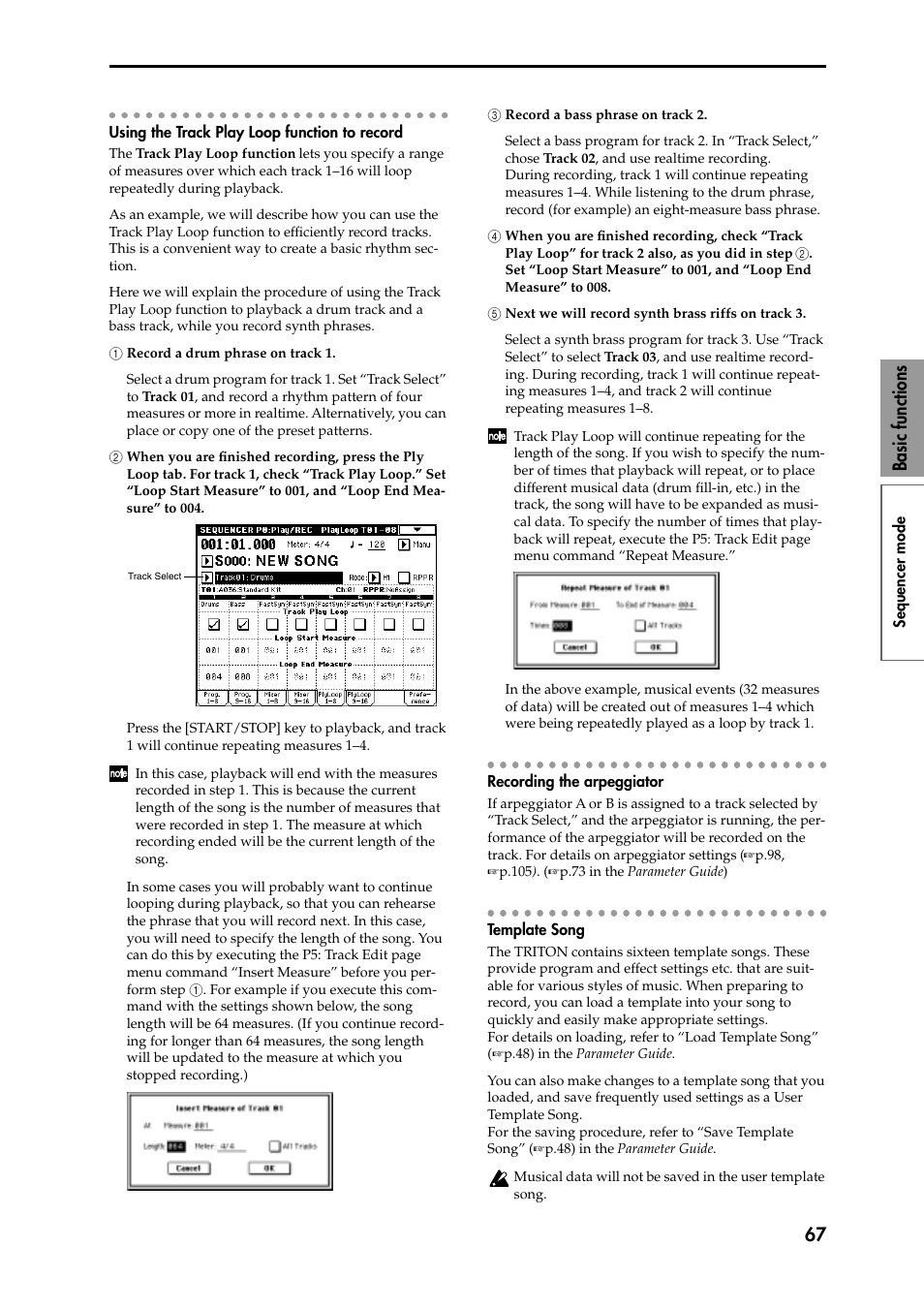 Using the track play loop function to record, 1 record a drum phrase on track 1, 2 when you are finished recording, press the ply 2 | 3 record a bass phrase on track 2, 4 when you are finished recording, check “track 4, 5 next we will record synth brass riffs on track 3, Recording the arpeggiator, Template song, 67 basic functions | KORG Speaker System User Manual | Page 71 / 144