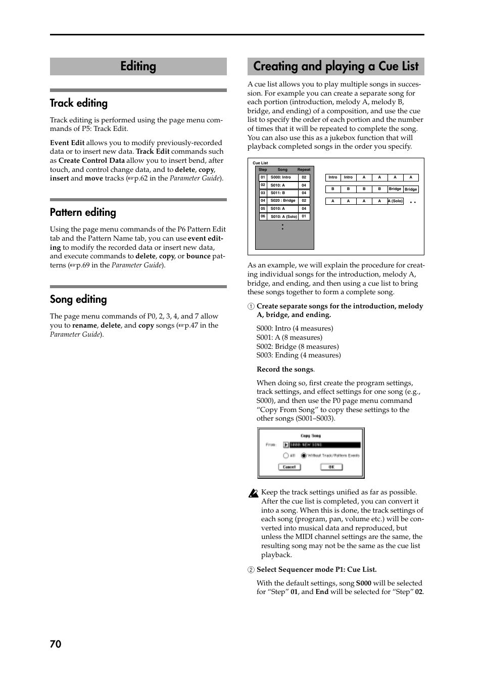 Track editing, Pattern editing, Song editing | 1 create separate songs for the introduction, melo, 2 select sequencer mode p1: cue list, Editing, Track editing pattern editing song editing, Creating and playing a cue list, Editing creating and playing a cue list | KORG Speaker System User Manual | Page 74 / 144