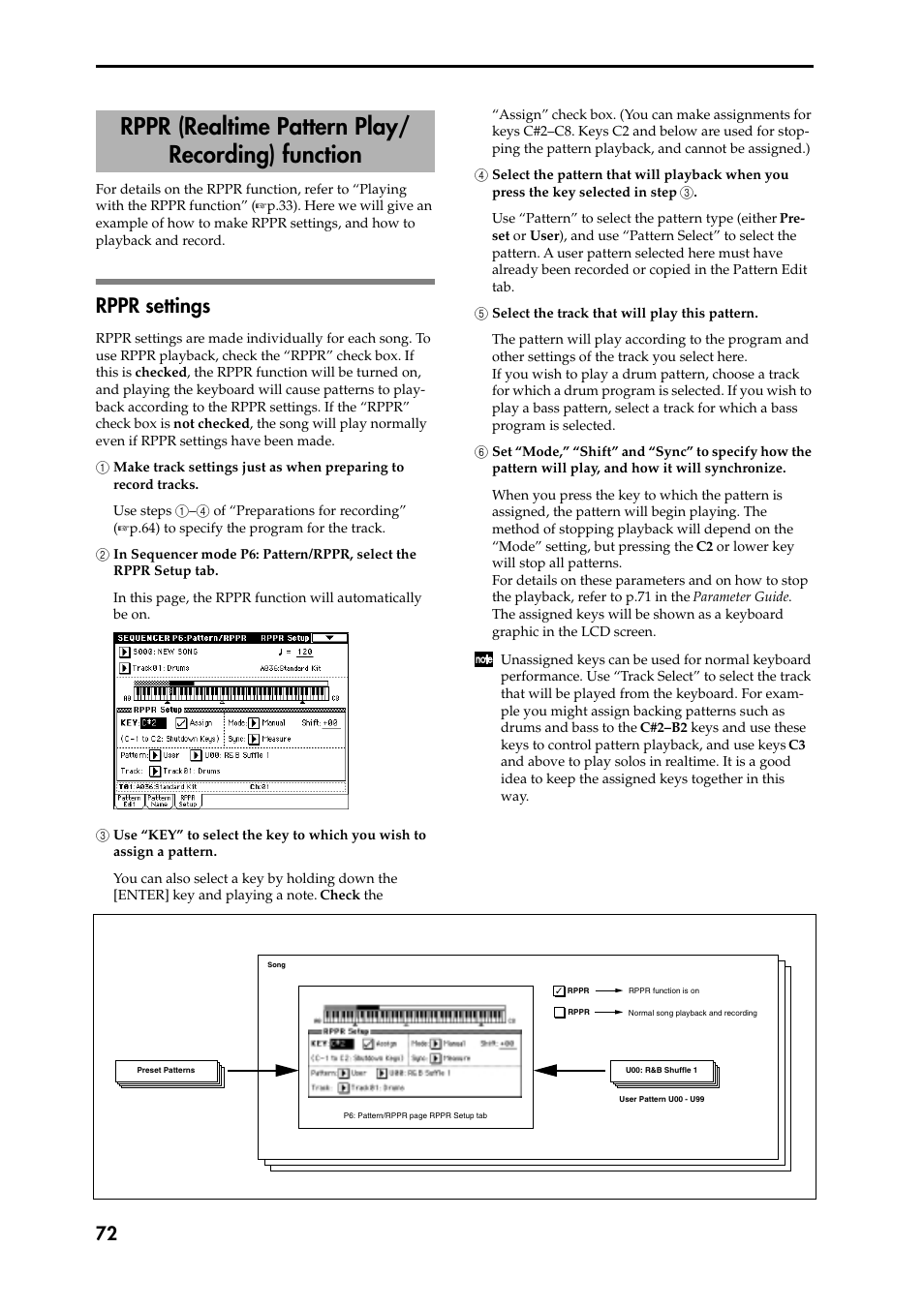 Rppr settings, 1 make track settings just as when preparing to 1, 2 in sequencer mode p6: pattern/rppr, select the 2 | 3 use “key” to select the key to which you wish to, 4 select the pattern that will playback when you 4, 5 select the track that will play this pattern, 6 set “mode,” “shift” and “sync” to specify how th, Rppr (realtime pattern play/recording), Function, Rppr (realtime pattern play/ recording) function | KORG Speaker System User Manual | Page 76 / 144