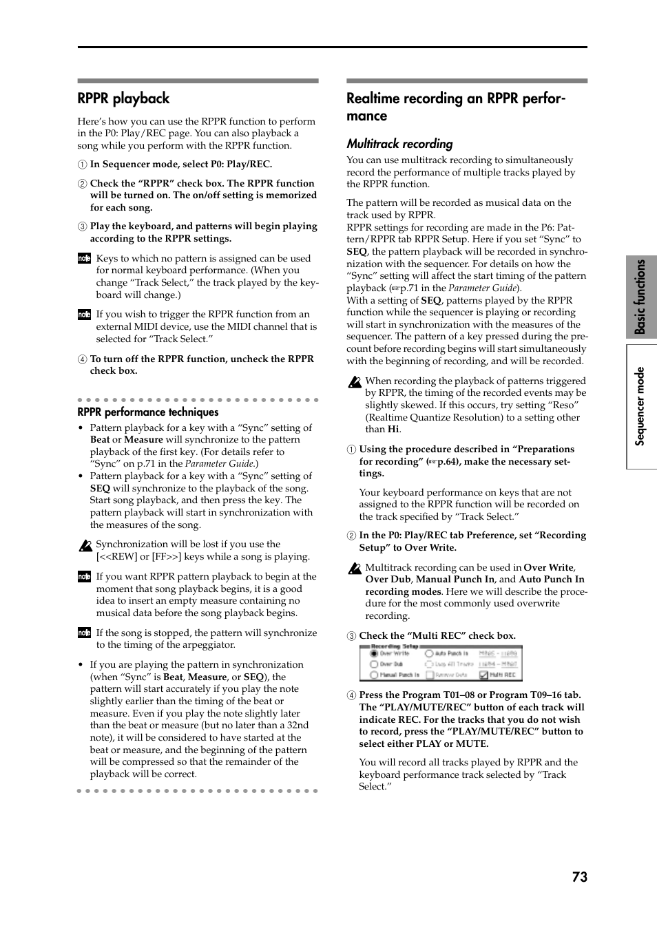 Rppr playback, 1 in sequencer mode, select p0: play/rec, 2 check the “rppr” check box. the rppr function 2 | 3 play the keyboard, and patterns will begin playi, 4 to turn off the rppr function, uncheck the rppr, Rppr performance techniques, Realtime recording an rppr performance, Multitrack recording, 1 using the procedure described in “preparations 1, 2 in the p0: play/rec tab preference, set “recordi | KORG Speaker System User Manual | Page 77 / 144