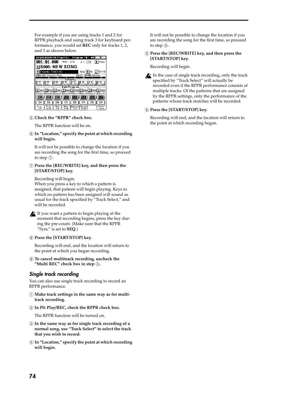 5 check the “rppr” check box, 6 in “location,” specify the point at which record, 7 press the [rec/write] key, and then press the 7 | 8 press the [start/stop] key, 9 to cancel multitrack recording, uncheck the 9 “m, Single track recording, 1 make track settings in the same way as for multi, 2 in p0: play/rec, check the rppr check box, 3 in the same way as for single track recording of, 4 in “location,” specify the point at which record | KORG Speaker System User Manual | Page 78 / 144