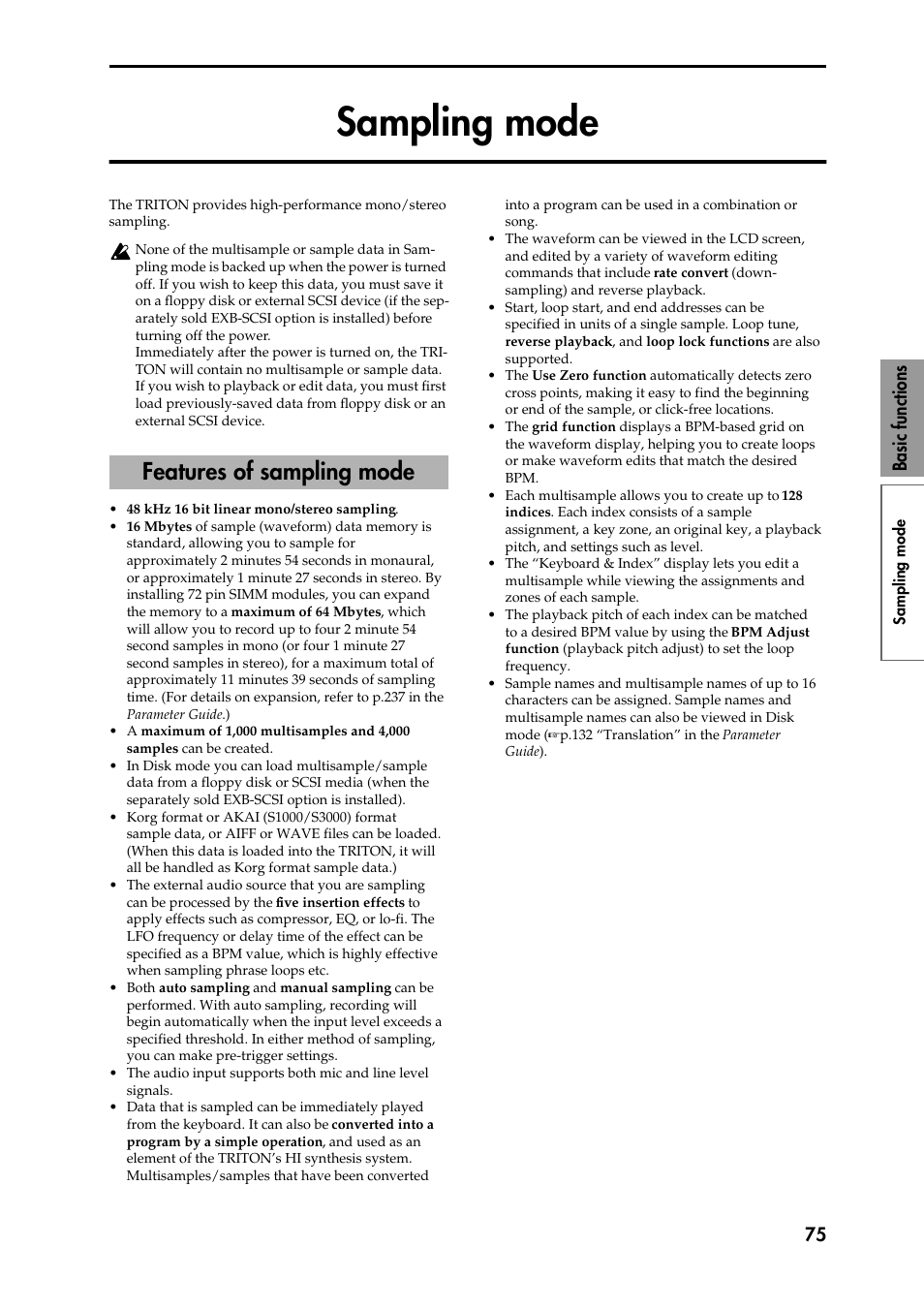 Sampling mode, Features of sampling mode, P.75) | 75 basic functions | KORG Speaker System User Manual | Page 79 / 144