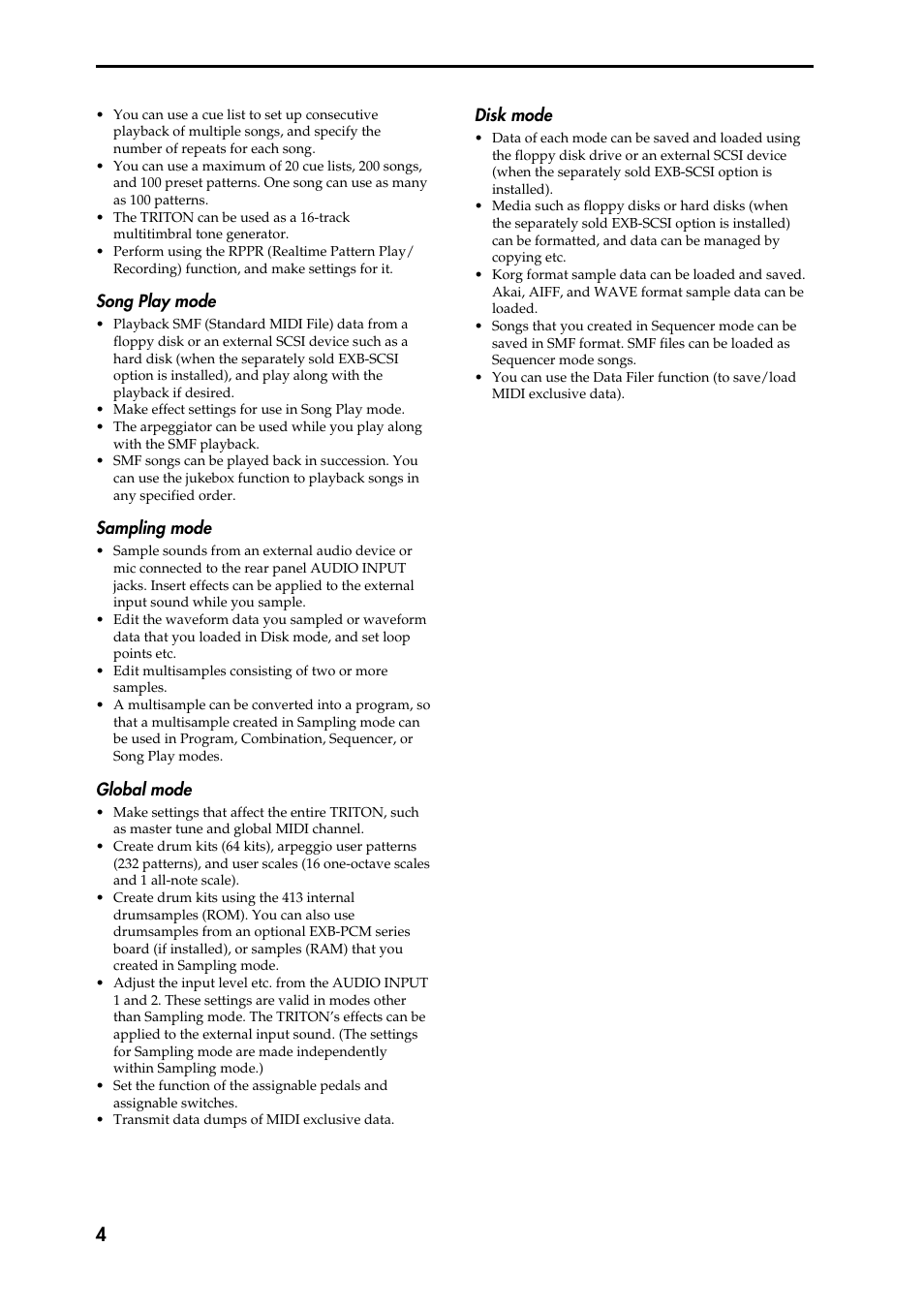 Song play mode, Sampling mode, Global mode | Disk mode | KORG Speaker System User Manual | Page 8 / 144