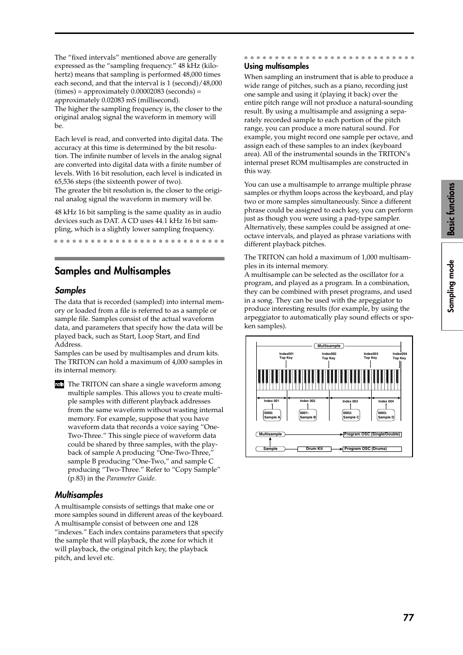 Samples and multisamples, Samples, Multisamples | Using multisamples, 77 basic functions, Sampling mode | KORG Speaker System User Manual | Page 81 / 144