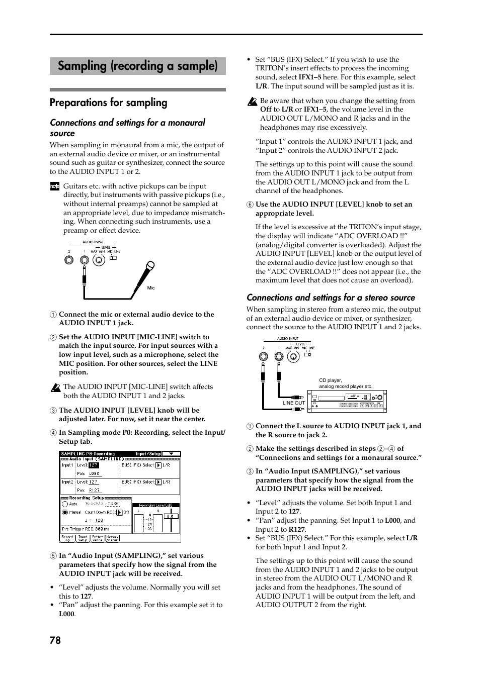 Preparations for sampling, Connections and settings for a monaural source, 1 connect the mic or external audio device to the | 2 set the audio input [mic-line] switch to 2 match, 3 the audio input [level] knob will be 3 adjusted, 4 in sampling mode p0: recording, select the input, 5 in “audio input (sampling),” set various 5 param, 6 use the audio input [level] knob to set an 6 app, Connections and settings for a stereo source, 1 connect the l source to audio input jack 1, and | KORG Speaker System User Manual | Page 82 / 144