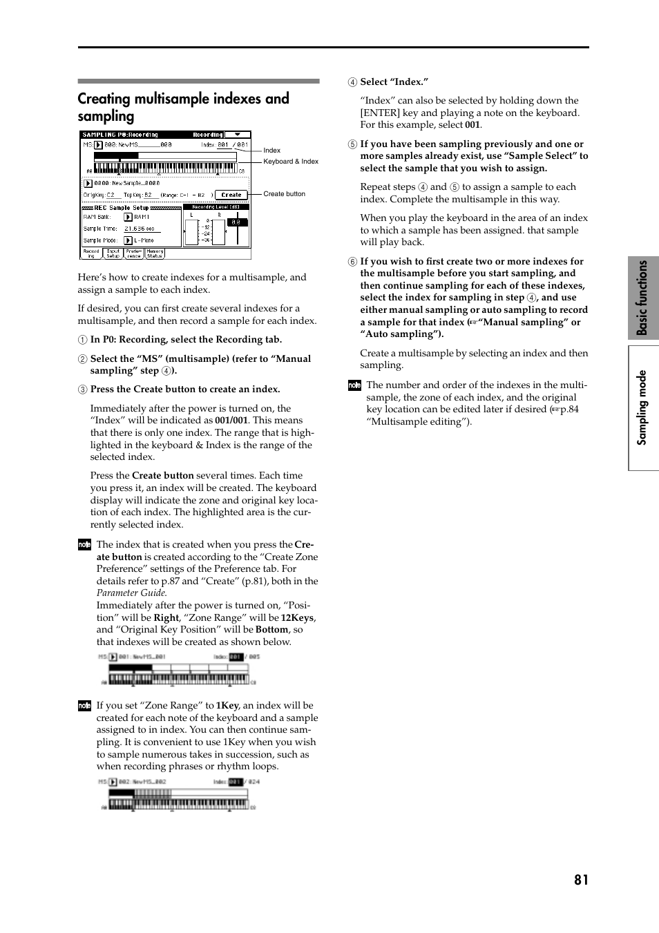 Creating multisample indexes and sampling, 1 in p0: recording, select the recording tab, 2 select the “ms” (multisample) (refer to “manual | 3 press the create button to create an index, 4 select “index, 5 if you have been sampling previously and one or, 6 if you wish to first create two or more indexes, Creating multisample indexes and, Sampling, 81 basic functions | KORG Speaker System User Manual | Page 85 / 144