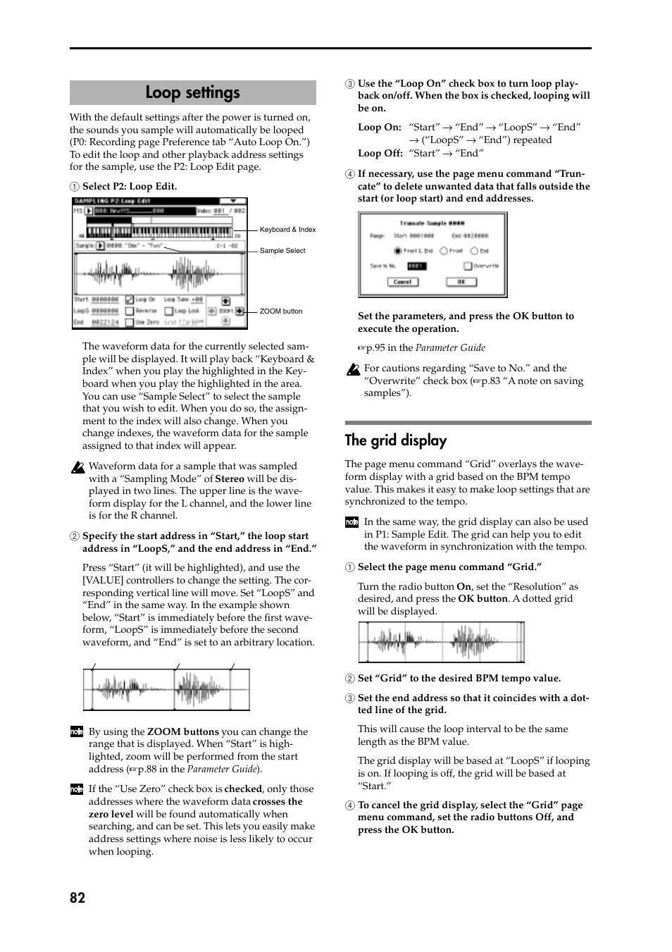 1 select p2: loop edit, 2 specify the start address in “start,” the loop s, 3 use the “loop on” check box to turn loop play3 b | The grid display, 2 set “grid” to the desired bpm tempo value, 3 set the end address so that it coincides with a, 4 to cancel the grid display, select the “grid” pa, Loop settings | KORG Speaker System User Manual | Page 86 / 144