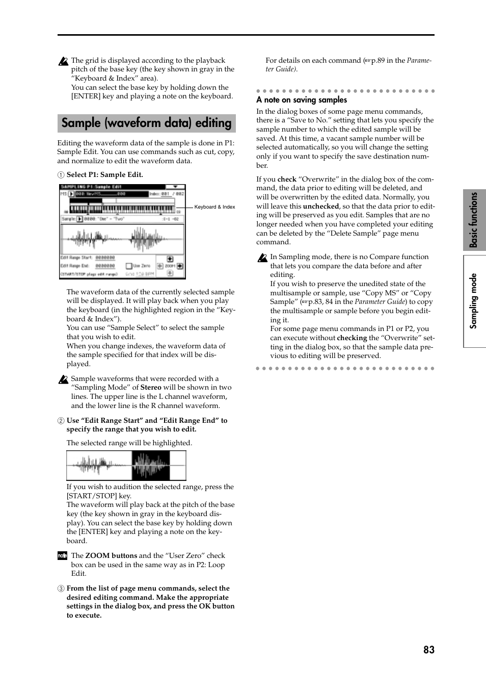 1 select p1: sample edit, 2 use “edit range start” and “edit range end” to 2, A note on saving samples | Sample (waveform data) editing, Overwrite” check box, P.83 “a note on saving, Samples”), 83 basic functions | KORG Speaker System User Manual | Page 87 / 144