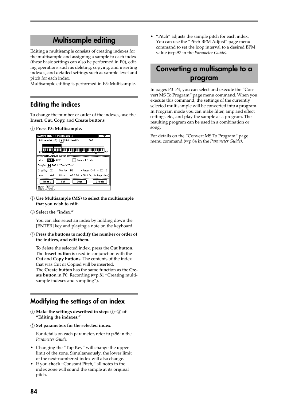 Editing the indices, 1 press p3: multisample, 2 use multisample (ms) to select the multisample 2 | 3 select the “index, 4 press the buttons to modify the number or order, Modifying the settings of an index, 1 make the settings described in steps 1–3 of 1 “e, 2 set parameters for the selected index, Multisample editing, Converting a multisample to a program | KORG Speaker System User Manual | Page 88 / 144