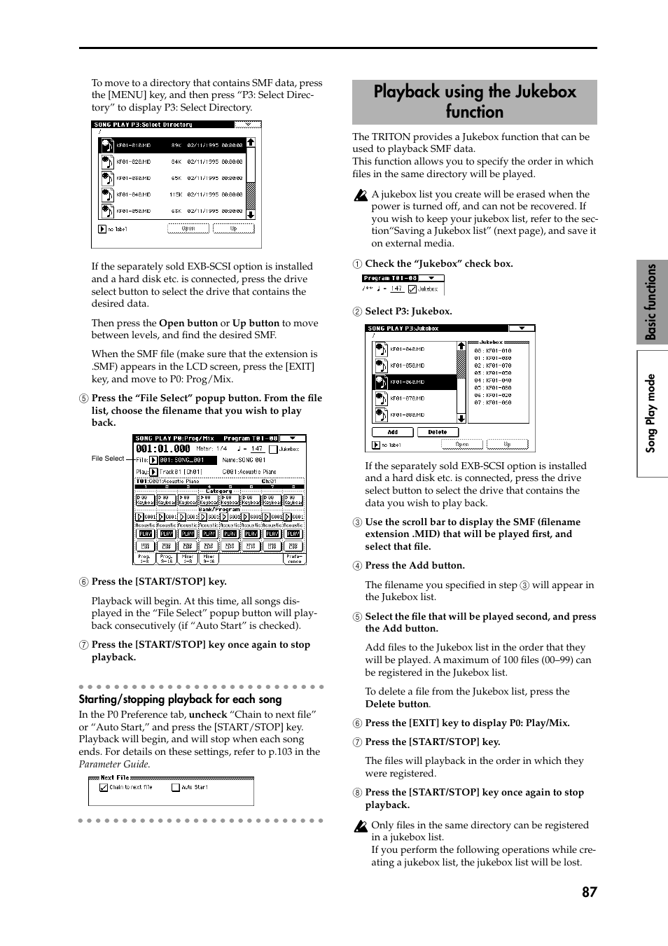 5 press the “file select” popup button. from the f, 6 press the [start/stop] key, 7 press the [start/stop] key once again to stop 7 | Starting/stopping playback for each song, 1 check the “jukebox” check box, 2 select p3: jukebox, 3 use the scroll bar to display the smf (filename, 4 press the add button, 5 select the file that will be played second, and, 6 press the [exit] key to display p0: play/mix | KORG Speaker System User Manual | Page 91 / 144