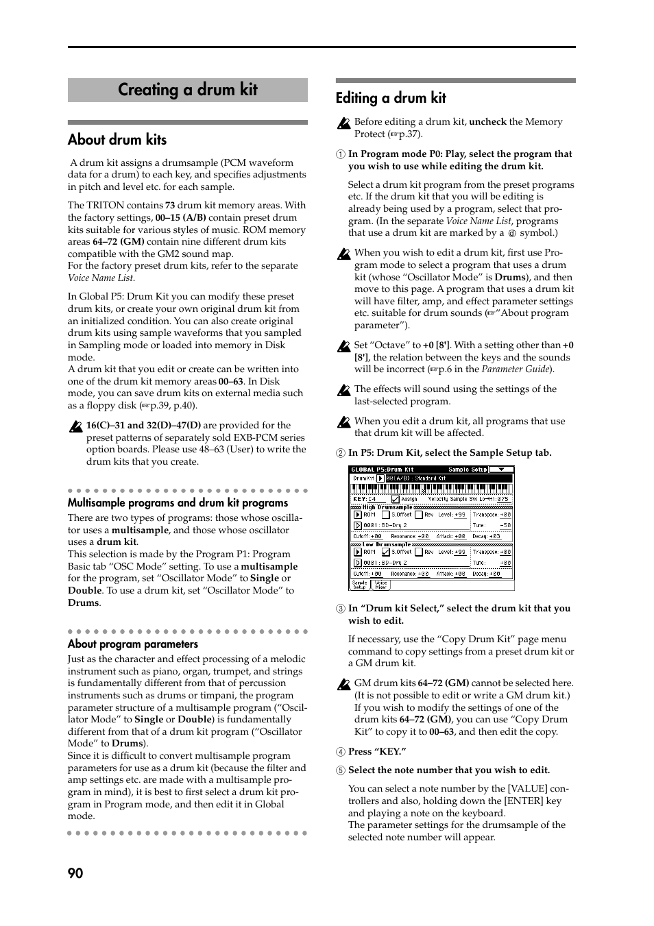 About drum kits, Multisample programs and drum kit programs, About program parameters | Editing a drum kit, 1 in program mode p0: play, select the program tha, 2 in p5: drum kit, select the sample setup tab, 3 in “drum kit select,” select the drum kit that y, 4 press “key, 5 select the note number that you wish to edit, Creating a drum kit | KORG Speaker System User Manual | Page 94 / 144
