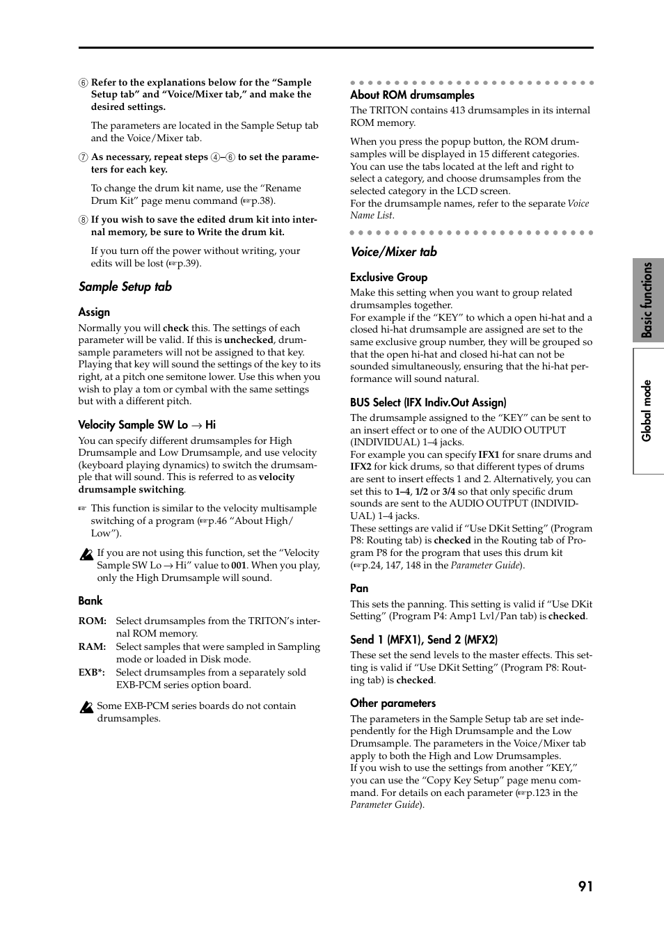 6 refer to the explanations below for the “sample, 7 as necessary, repeat steps 4–6 to set the parame, 8 if you wish to save the edited drum kit into int | Sample setup tab, Assign, Velocity sample sw lo æ hi, Bank, About rom drumsamples, Voice/mixer tab, Exclusive group | KORG Speaker System User Manual | Page 95 / 144