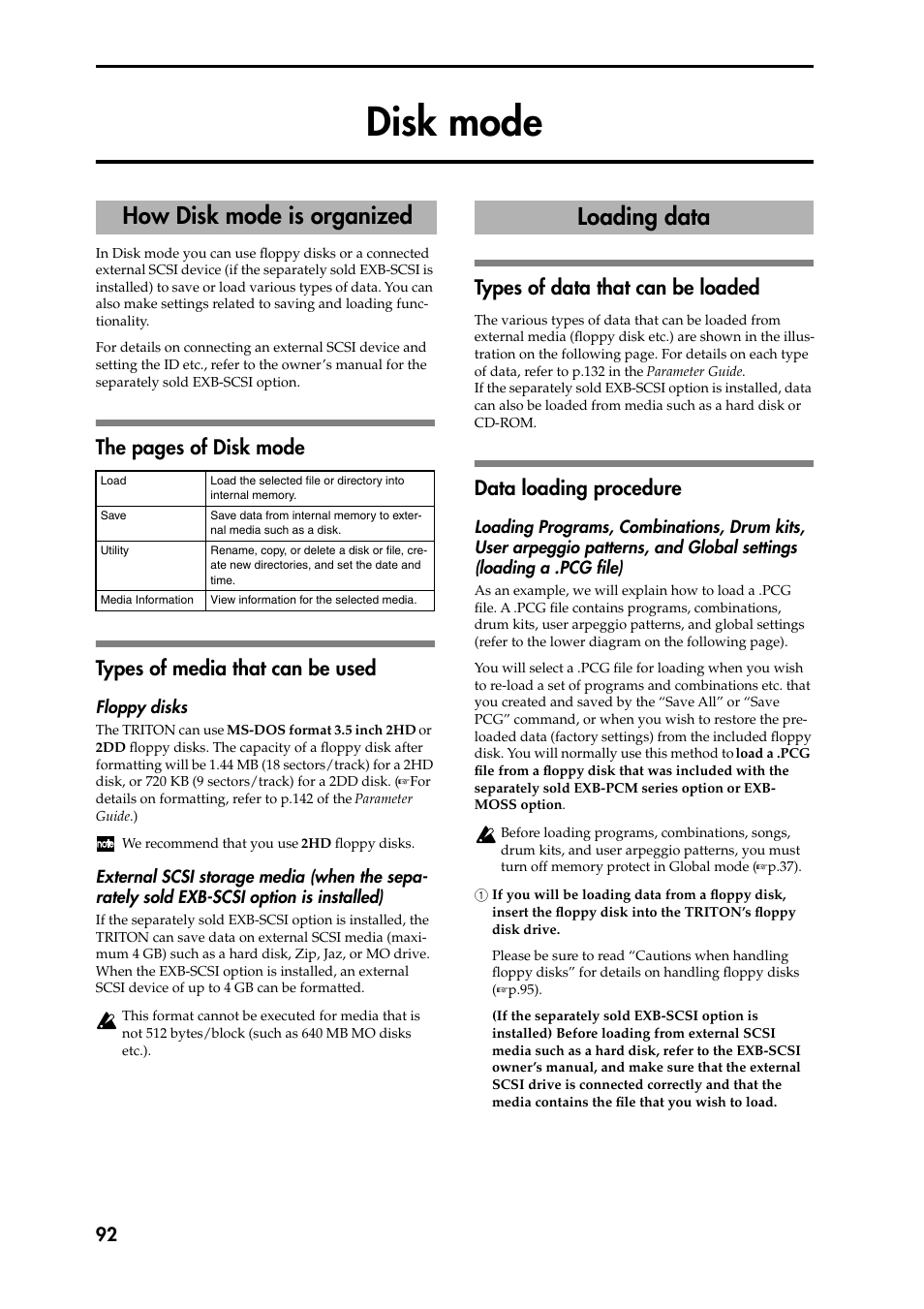 Disk mode, Types of media that can be used, Floppy disks | External scsi storage media (when the separately s, Types of data that can be loaded, Data loading procedure, Loading programs, combinations, drum kits, user ar, 1 if you will be loading data from a floppy disk, How disk mode is organized, Loading data | KORG Speaker System User Manual | Page 96 / 144