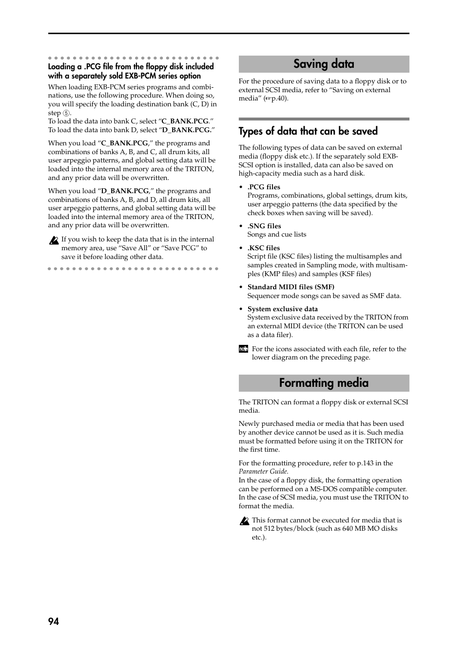 Loading a .pcg file from the floppy disk included, Types of data that can be saved, Saving data | Formatting media, Saving data formatting media | KORG Speaker System User Manual | Page 98 / 144