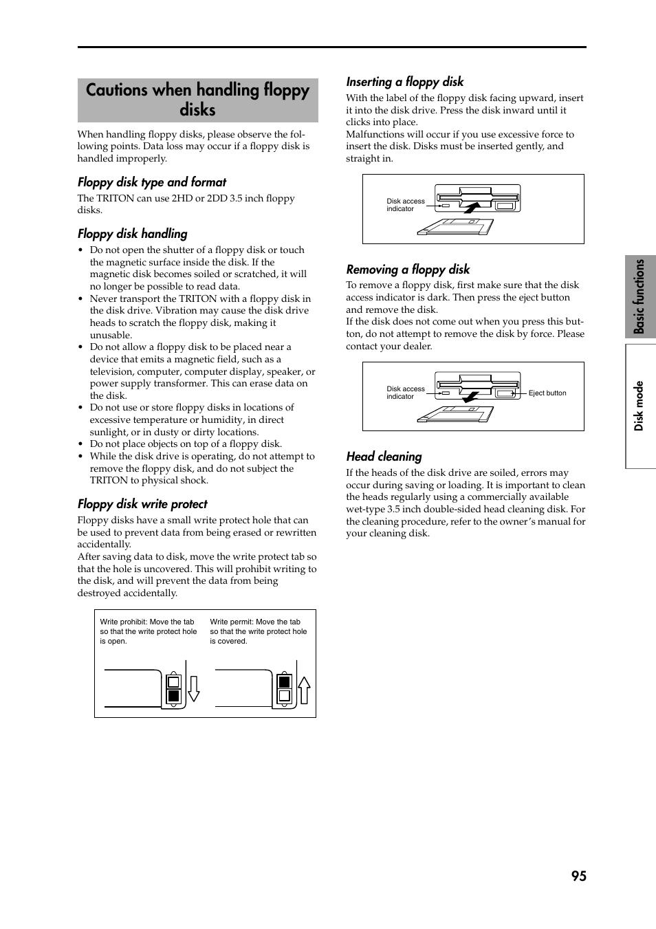 Floppy disk type and format, Floppy disk handling, Floppy disk write protect | Inserting a floppy disk, Removing a floppy disk, Head cleaning, Cautions when handling floppy disks, P.95), P.95, 95 basic functions | KORG Speaker System User Manual | Page 99 / 144