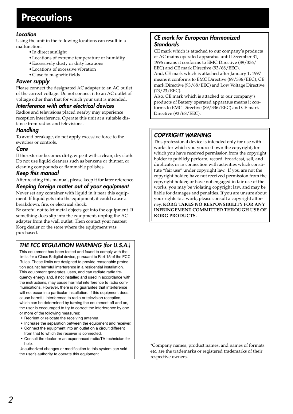 Precautions | KORG CR-4 User Manual | Page 2 / 20