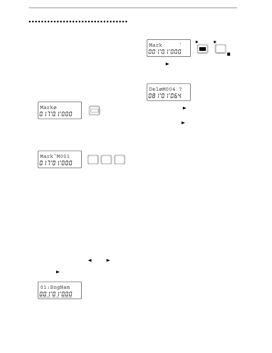 Mark points, Storing a mark point, 1 move the current time to the desired location | Storing during playback or recording, Storing using a foot switch, Moving to a mark point, Deleting a mark point, Markø, Mark˘m001, Sngnam mark | KORG D8 User Manual | Page 23 / 76