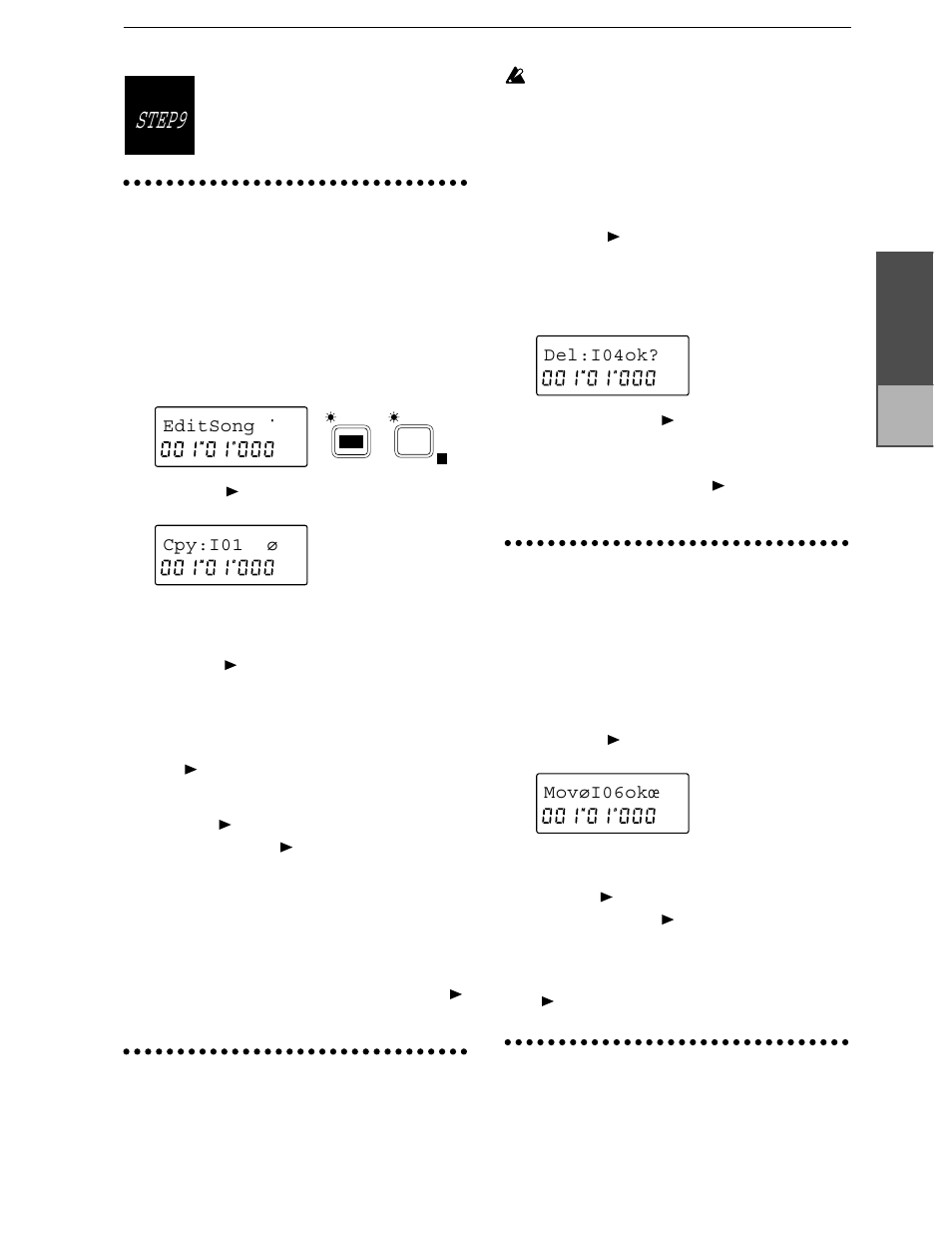 Copying a song, 7 press the [] key to access the “?” display, Deleting a song | Moving a song, 5 press the [] key to access the “?” display, Song recover, Edit trigger 53, Step9, Song editing | KORG D8 User Manual | Page 32 / 76