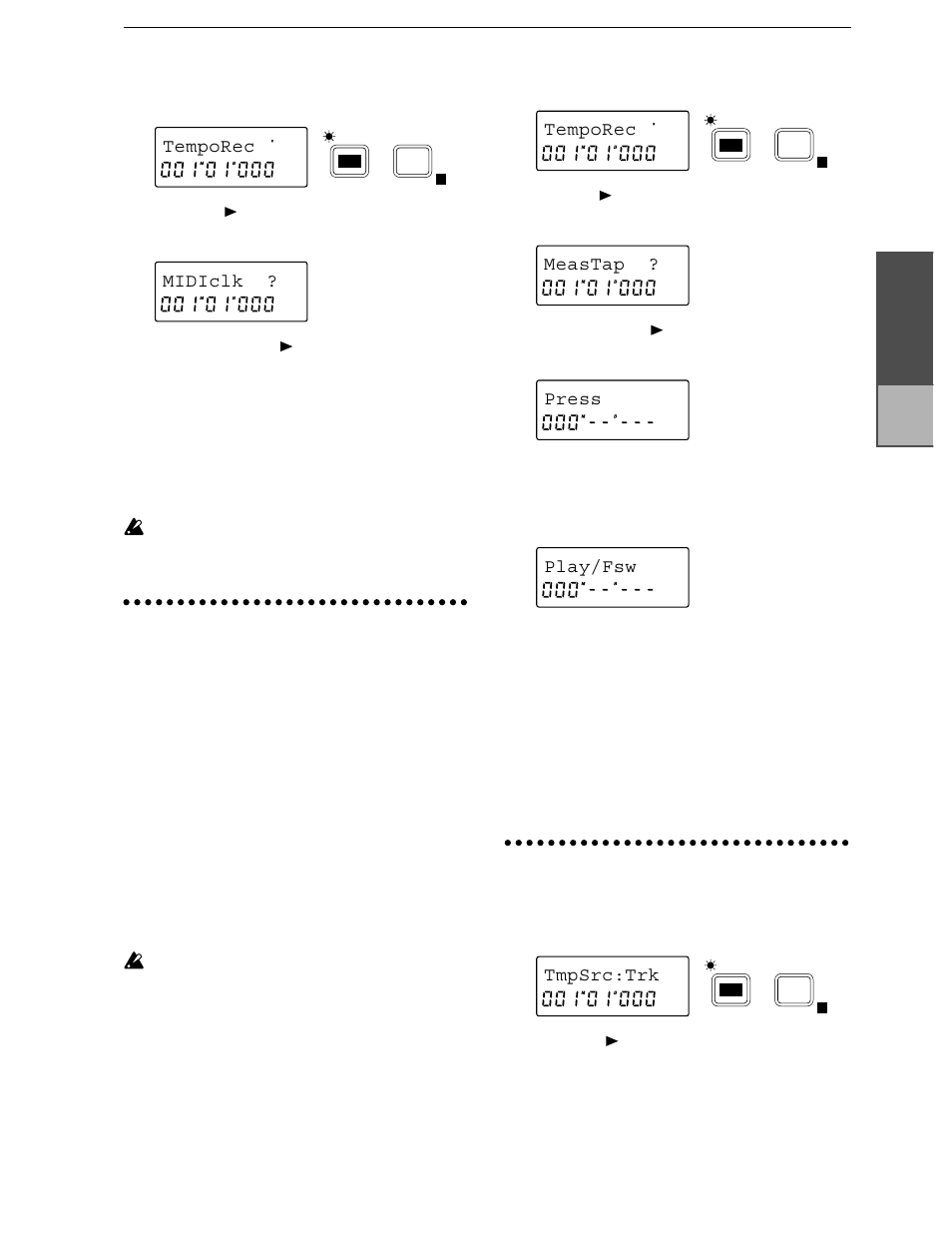 Recording tap tempo, Selecting the tempo source, P2 storing a mark 57 | Track status 58, Eq 58, P1 high eq gain adjustment 58, P2 low eq gain adjustment 58, Chapter 2, Temporec, Midiclk ? temporec | KORG D8 User Manual | Page 34 / 76