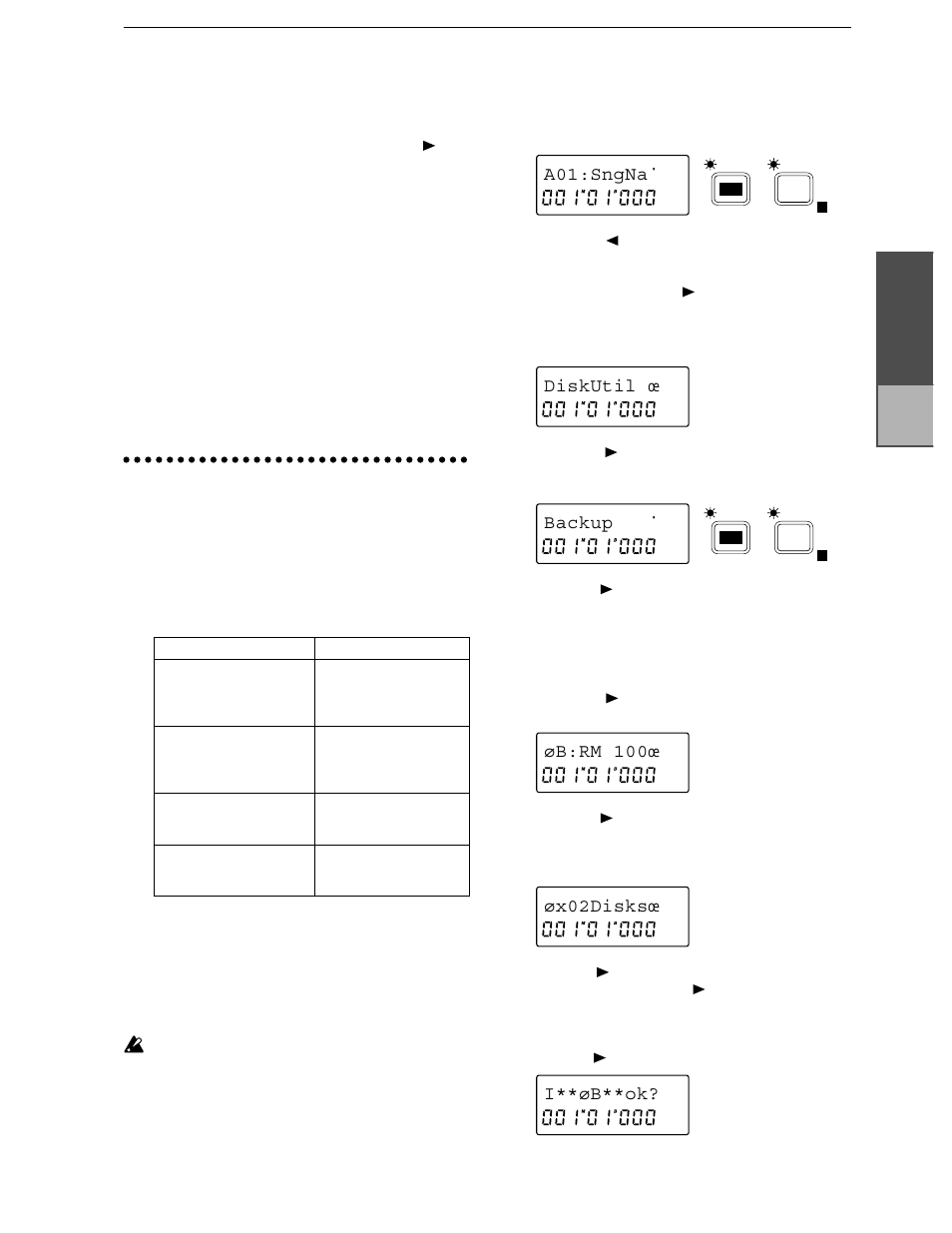 Saving a song on a removable disk drive (backup), Song copy, Backup | Backing up a song to a removable disk drive, Chapter 2, A01:sngna, Diskutil œ backup | KORG D8 User Manual | Page 38 / 76