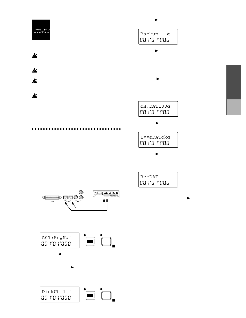 Saving a song to a dat recorder (backup), Saving to and load- ing from dat, Step13 | Saving to and loading from dat | KORG D8 User Manual | Page 40 / 76