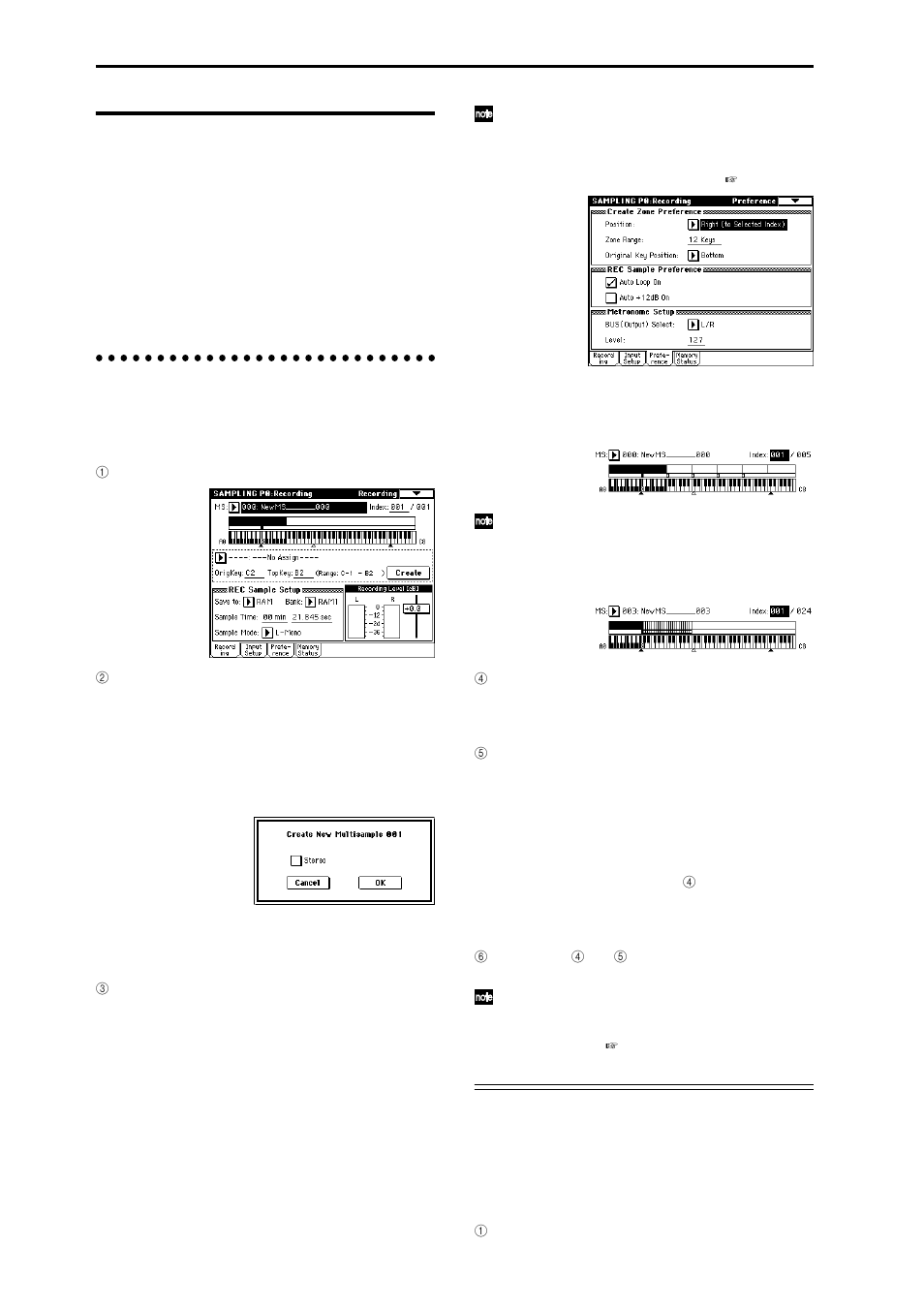 Sampling and editing in sampling mode, Creating multisample indexes and sampling, P.106 | KORG sampler User Manual | Page 114 / 167