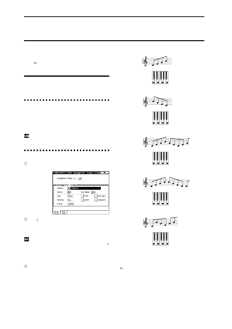 Arpeggiator settings, Arpeggiator settings for a program, Arpeggiator on/off | Arpeggiator on/off arpeggiator settings, P.130, P.130), Arpeggiator settings for a pro- gram | KORG sampler User Manual | Page 138 / 167