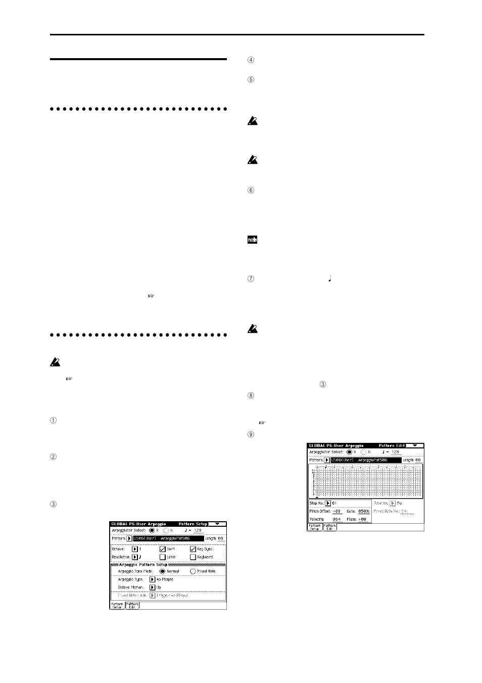 Creating an user arpeggio pattern, About user arpeggio patterns, Editing a user arpeggio pattern | User arpeggio pattern, P.134, P.134), Creating an user arpeggio pat- tern | KORG sampler User Manual | Page 142 / 167