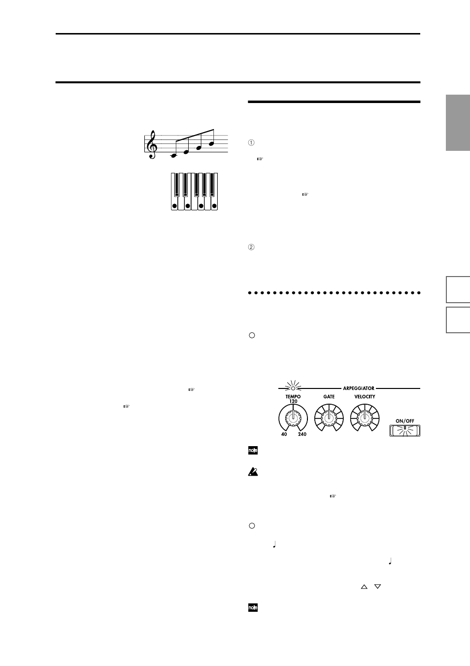 Using the arpeggiator while you play, Using the arpeggiator in program mode, Settings using controllers | P.29), Arpeggiator on/off, Adjusting the arpeggiator tempo | KORG sampler User Manual | Page 37 / 167