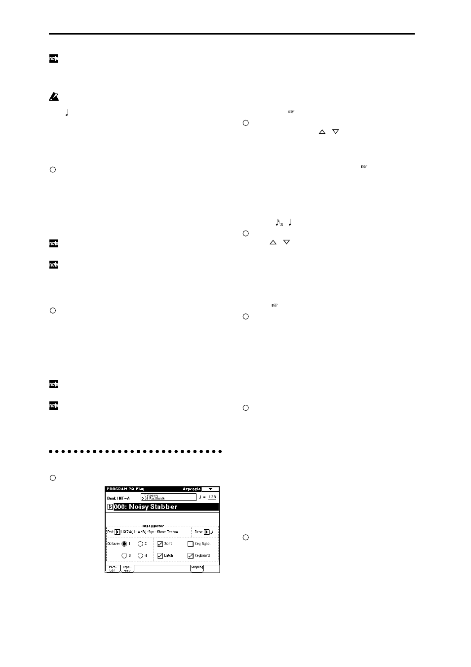 Settings in the lcd screen, Selecting an arpeggio pattern | KORG sampler User Manual | Page 38 / 167