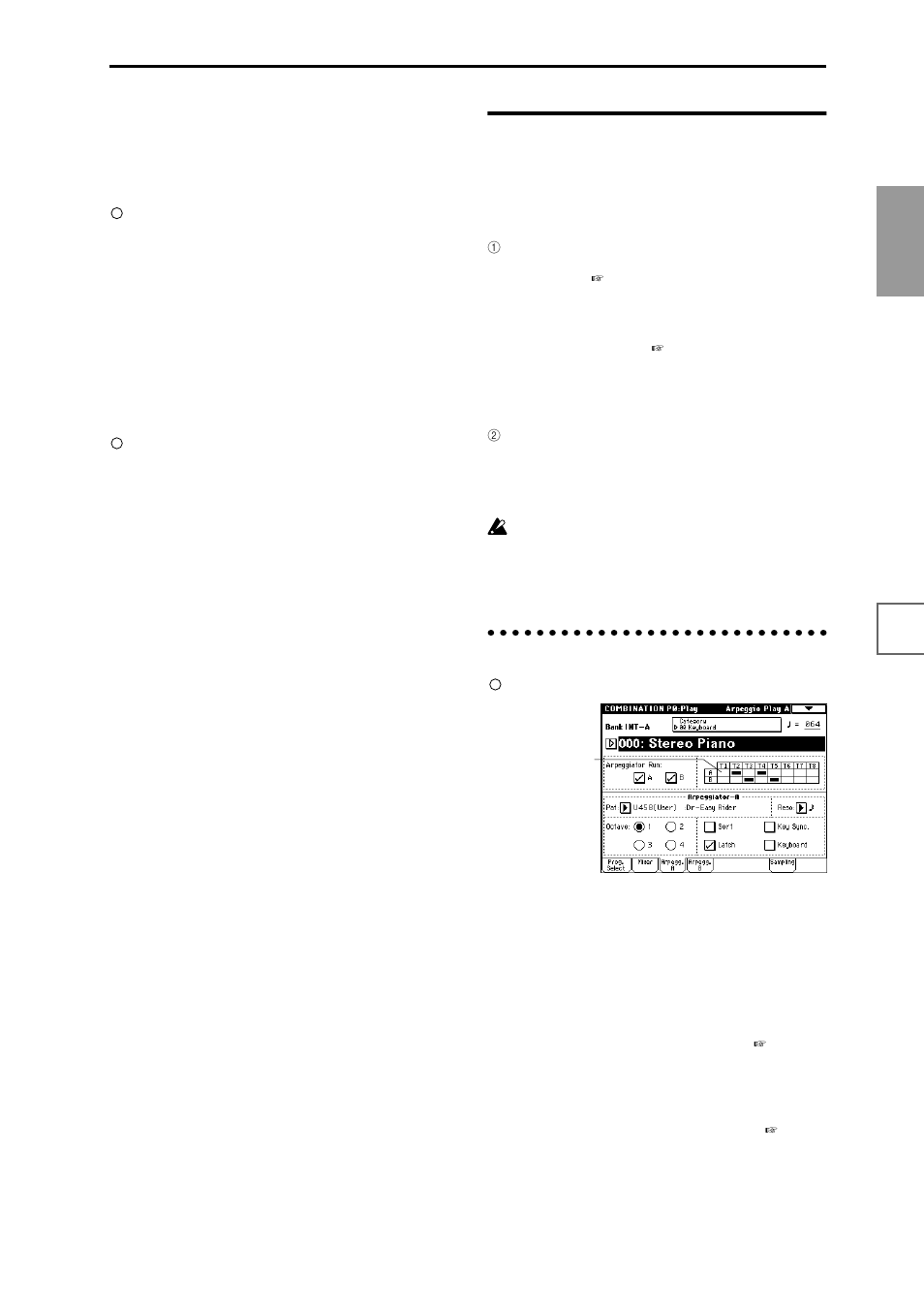 Using the arpeggiator in combination mode, Settings in the lcd screen, P.31) | Using the arpeggiator in combi- nation mode, Select the arpeggiator(s) that will run | KORG sampler User Manual | Page 39 / 167