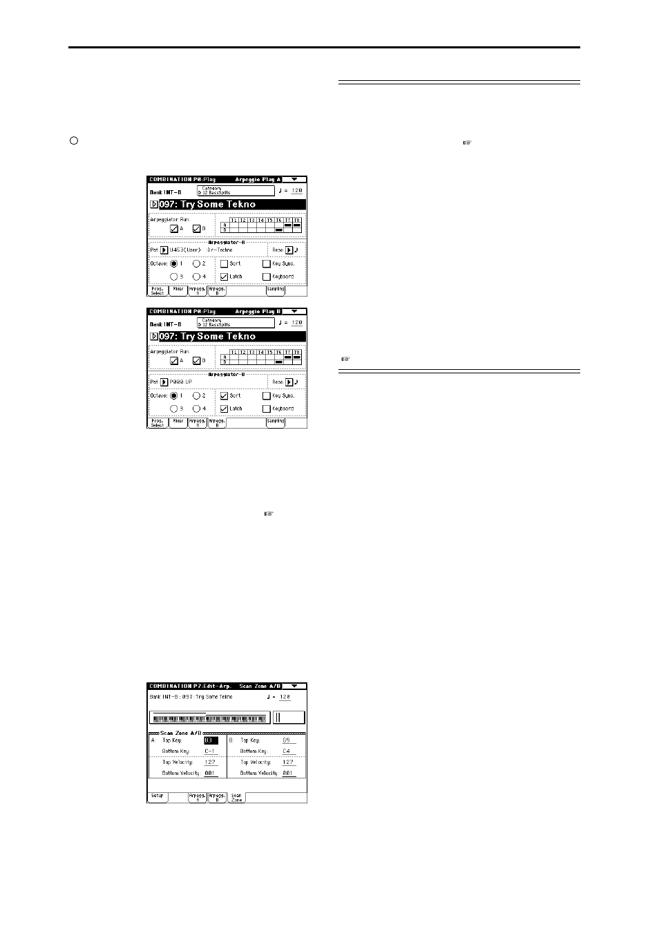 Linking the arpeggiator to program, combinations, P.32) when you press the keyboard, P.32) when you press the | Checking the structure of a user arpeggio pattern | KORG sampler User Manual | Page 40 / 167