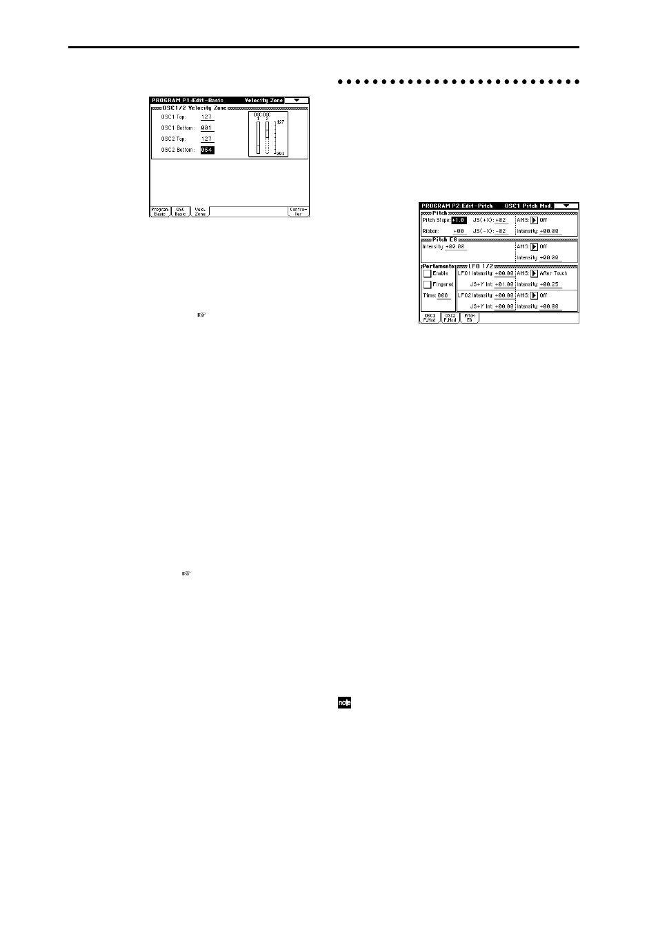 Pitch settings p2: edit-pitch, Velocity zone page, Controller setup page | Osc1 pitch mod. page | KORG sampler User Manual | Page 78 / 167