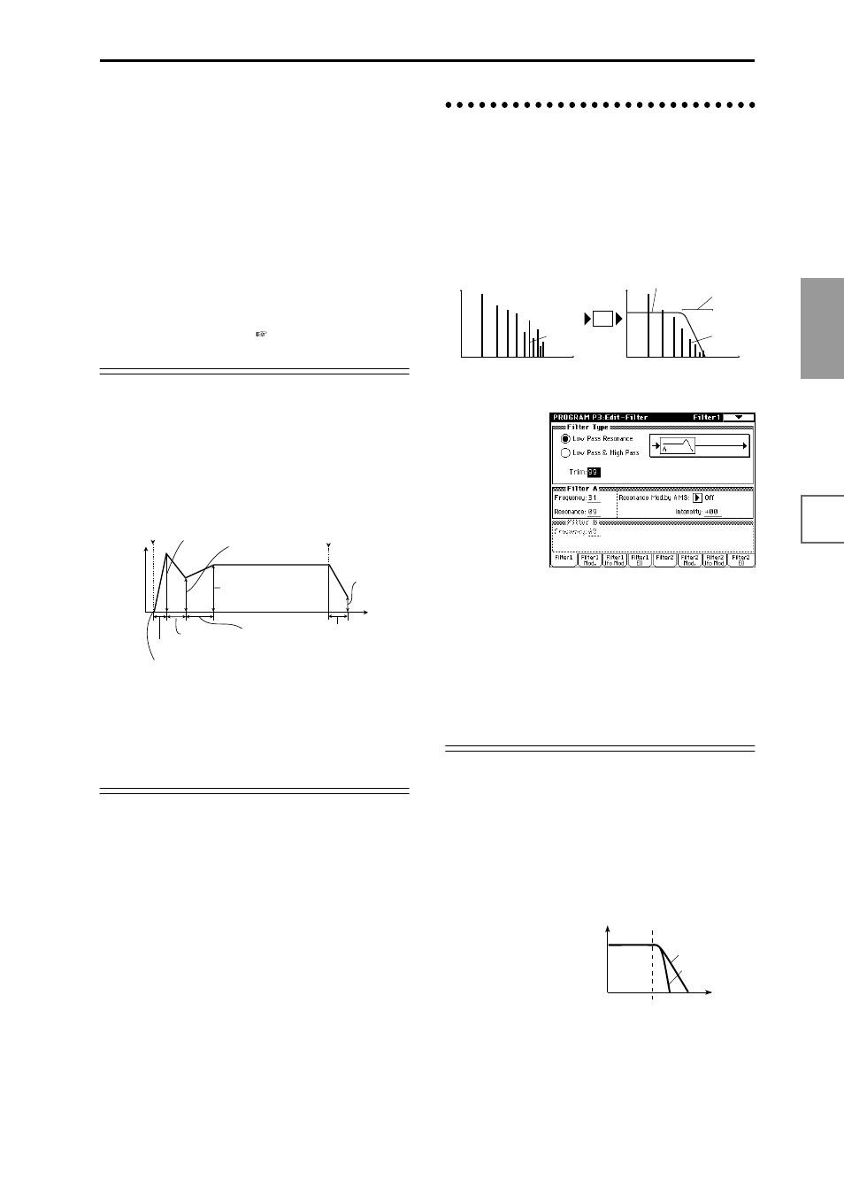 Filter settings p3: edit-filter, Pitch eg page, Filter1 page | Basic functions, Eg and lfo, Low pass filter | KORG sampler User Manual | Page 79 / 167