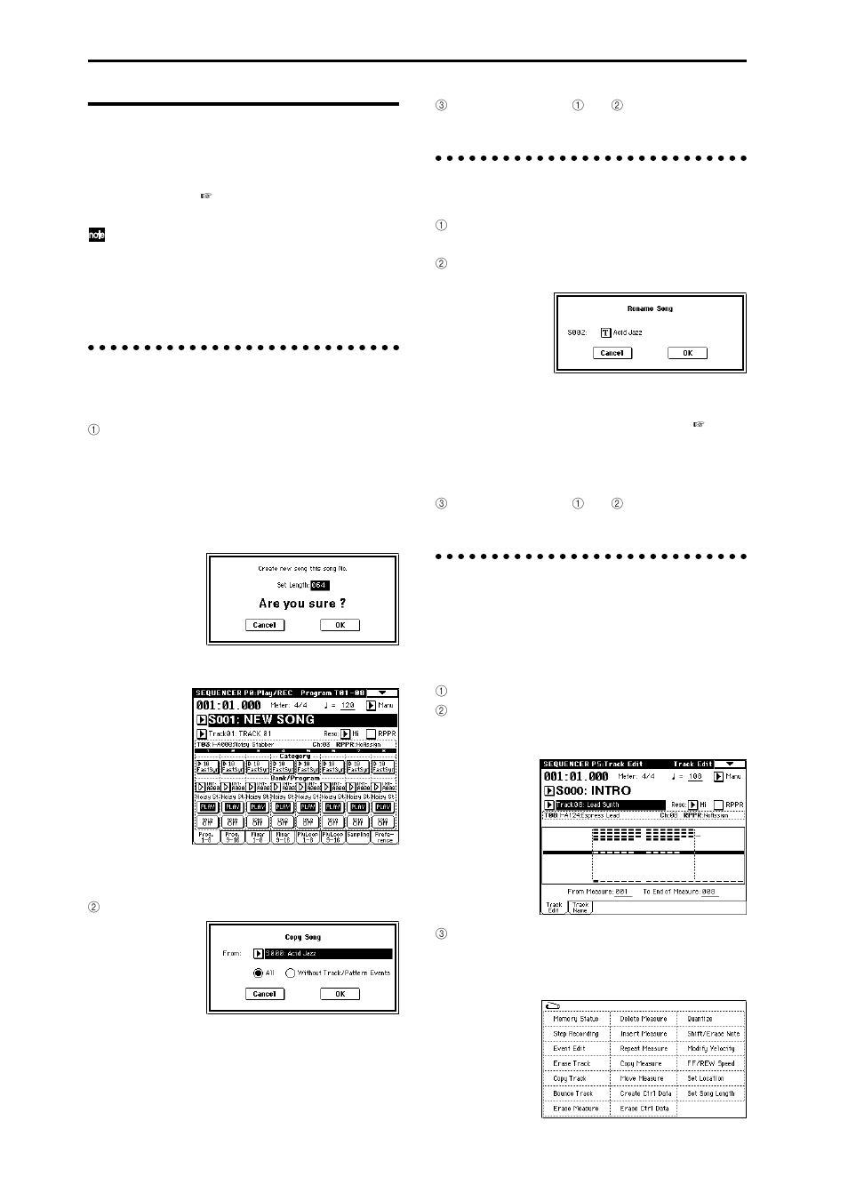 Song editing methods, Copying a song, Naming a song | Setting the number of measures in the song | KORG sampler User Manual | Page 96 / 167
