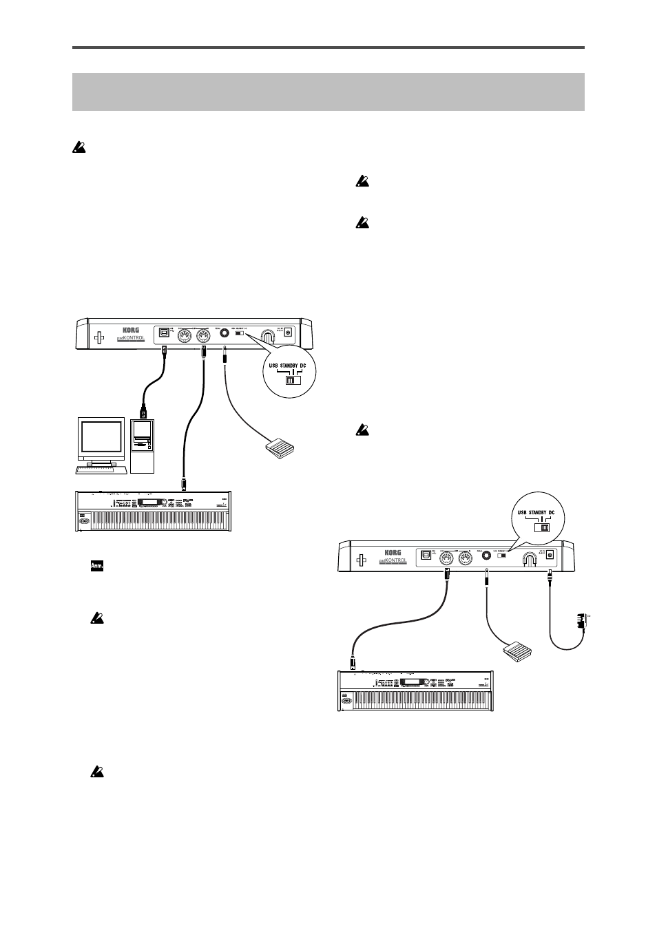 Anschlüsse und einschalten des gerätes, Usb-verbindungen, Midi-anschl�sse | Usb-verbindungen midi-anschlüsse, Midi-anschlüsse | KORG KPC-1 EFG User Manual | Page 70 / 95