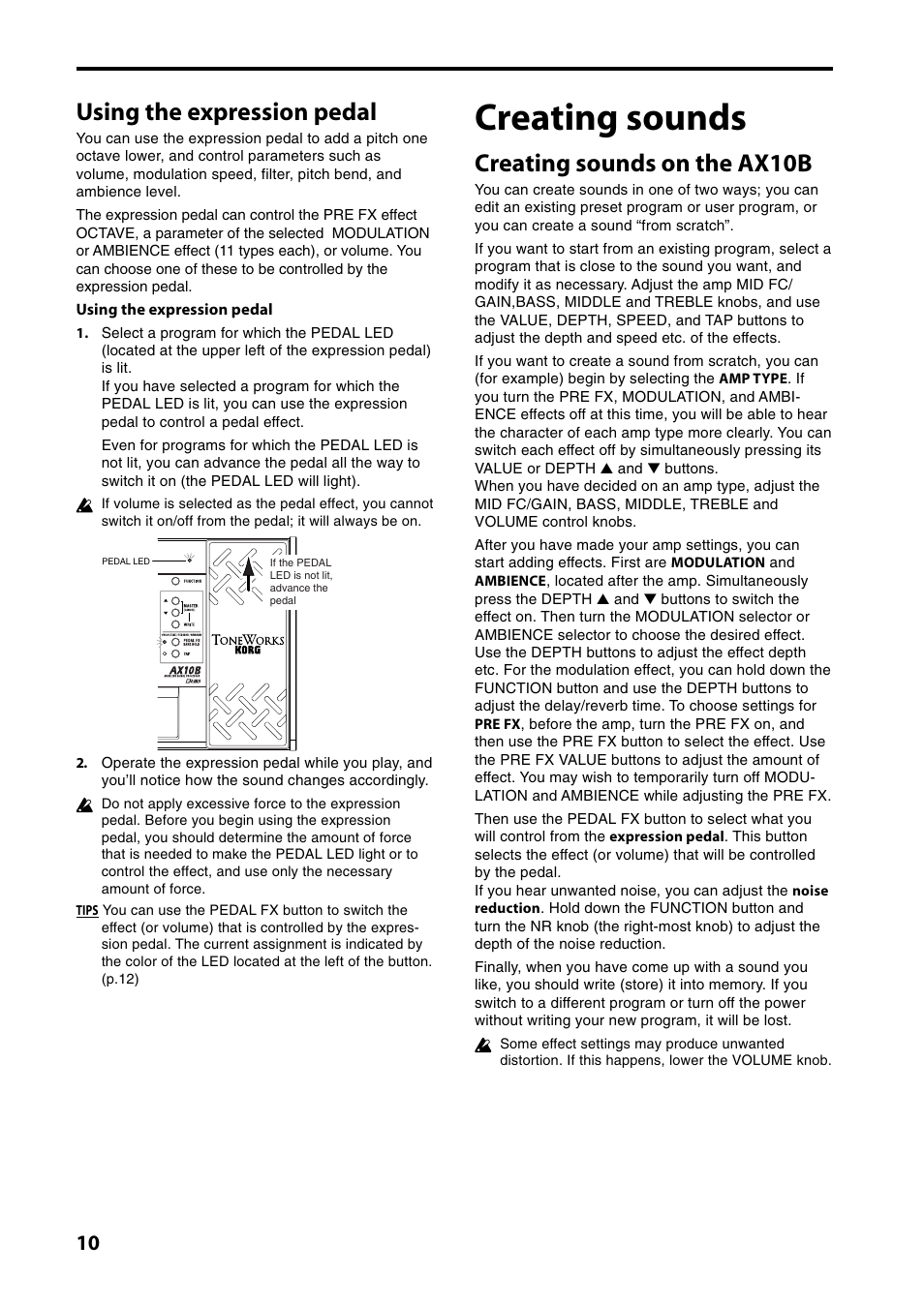 Using the expression pedal, Creating sounds, Creating sounds on the ax10b | KORG AX10B User Manual | Page 10 / 40