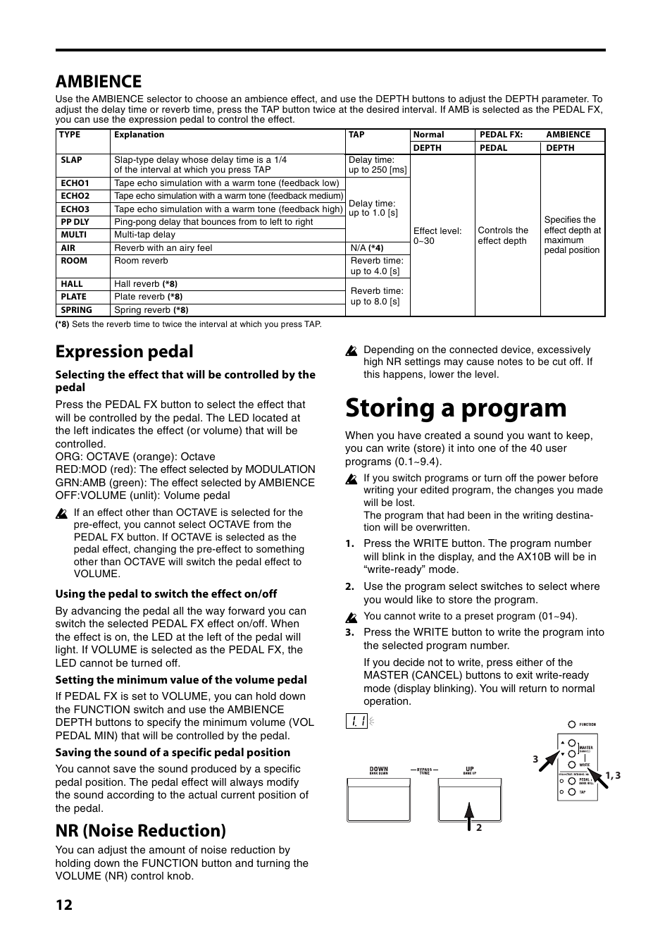 Ambience, Expression pedal, Nr (noise reduction) | Storing a program | KORG AX10B User Manual | Page 12 / 40